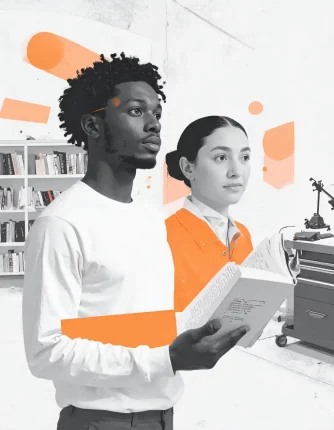 Schwarz weißes Foto mit verschiedenen Menschen, die an einem Konzept für inklusives Webdesign arbeiten, mit neuropsychologischen Büchern und Hilfsmitteln für Barrierefreiheit, in einer mechanischen Werkstatt, orangefarbene Akzente