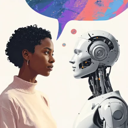 Mensch stellt komplexe Frage an eine leuchtende KI-Figur, umgeben von schwebenden Inhaltsblasen (Text, Grafik, Audio), warmer futuristischer Ton, konzeptionelle redaktionelle Illustration