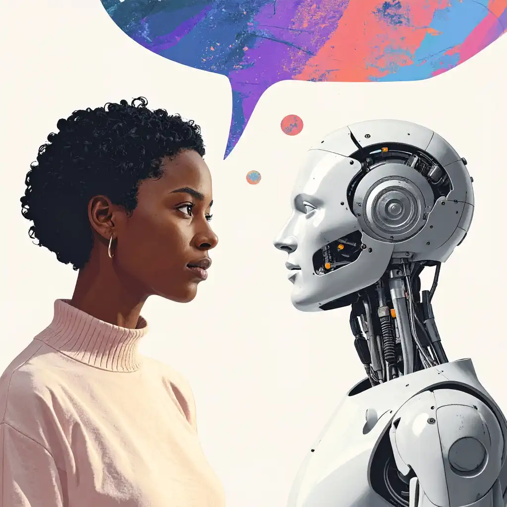 Mensch stellt komplexe Frage an eine leuchtende KI-Figur, umgeben von schwebenden Inhaltsblasen (Text, Grafik, Audio), warmer futuristischer Ton, konzeptionelle redaktionelle Illustration