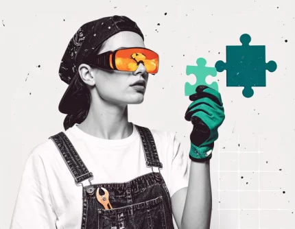 „inklusiv“, ‚ethisch‘, „ruhige Produktivität“, „langsame Technologie“, „menschenzentrierte KI“ Puzzle, zusammengesetzt von einer Mechanikerin mit Schweißerbrille. Minimalistische Branding-Ästhetik. Dunkelgrünes Thema, orange-Akzente.