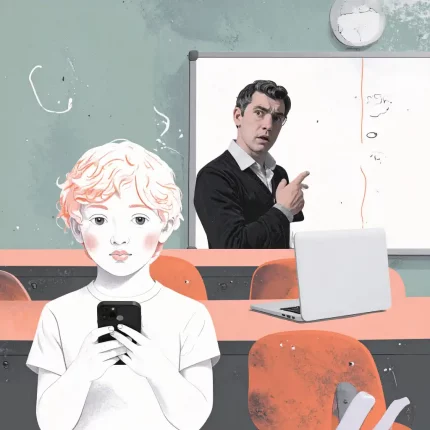 Stilisierte Illustration einer modernen Schulklasse mit Kindern, die heimlich oder kreativ generative KI nutzen – z. B. Smartphone mit ChatGPT, Laptop mit KI-generierten Inhalten. Im Hintergrund eine überforderte Lehrkraft, die ratlos vor einem Whiteboard steht. Kontraste zwischen Neugier der Schüler:innen und Unsicherheit im Klassenzimmer. Stil: flach, illustrativ, freundlich, aber mit kritischem Unterton. Farbwelt: grün und orange Farbakzente. Fokus auf Technologie, Lernen und Generationenkonflikt.