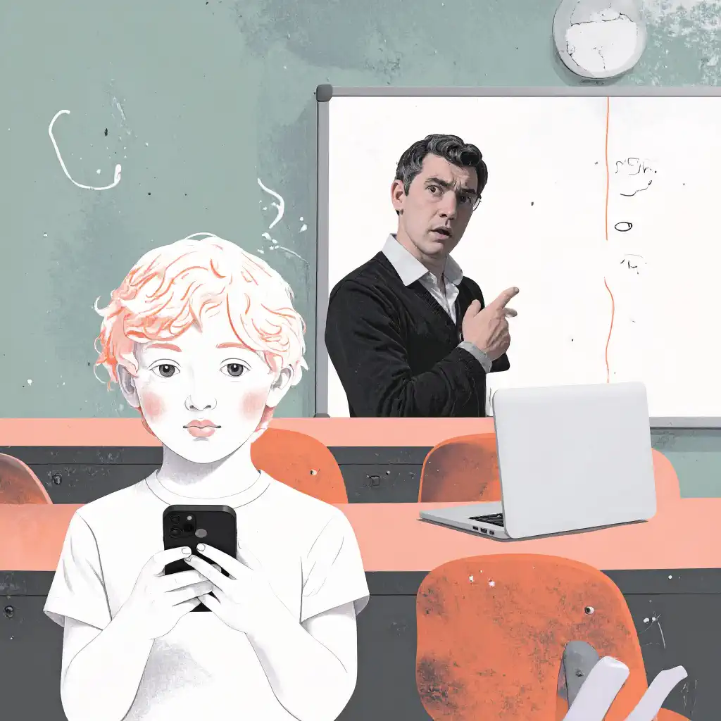 Stilisierte Illustration einer modernen Schulklasse mit Kindern, die heimlich oder kreativ generative KI nutzen – z. B. Smartphone mit ChatGPT, Laptop mit KI-generierten Inhalten. Im Hintergrund eine überforderte Lehrkraft, die ratlos vor einem Whiteboard steht. Kontraste zwischen Neugier der Schüler:innen und Unsicherheit im Klassenzimmer. Stil: flach, illustrativ, freundlich, aber mit kritischem Unterton. Farbwelt: grün und orange Farbakzente. Fokus auf Technologie, Lernen und Generationenkonflikt.