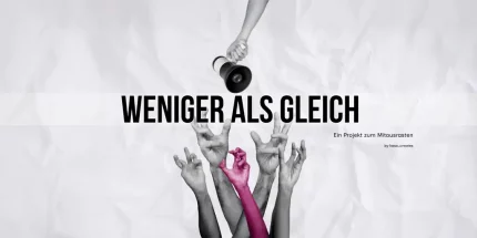 Weniger Als Gleich Landingpage Banner. Hände, die sich nach oben recken, ein Megafon greifen wollen. Alle männlich, nur eine weibliche Hand dazwischen, die vollkommen untergeht.