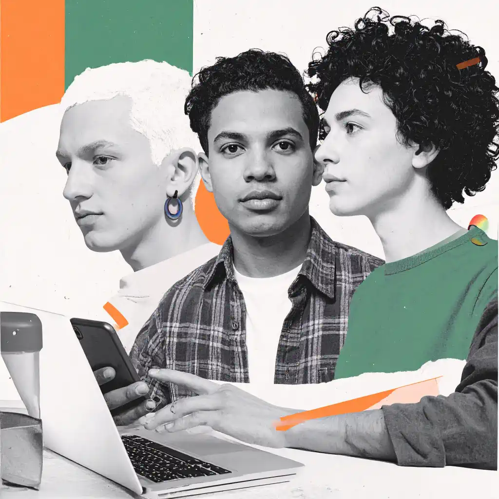Empowerment-Collage im queeren Kontext: Drei queere Menschen in Alltagsszenen (z. B. Laptop am Küchentisch, Hand am Smartphone, solidarischer Blick. Ästhetik: dunkles grün, orange Farbakzente. Collage-Stil mit abgerissenen Papierrändern, Marker-Notizen.