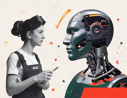 Collagenartige Grafik, eine Mechanikerin in Overalls als „David“, die eine Schweißerbrille trägt, entspannt mit einem Bleistift und einem Notizbuch dasteht, minimalistischer Hintergrund, Vintage-Cut-Out-Look, gegenüber einer hoch aufragenden Unternehmensroboterfigur aus Daten-Dashboards und Bildschirmen, die einen Tech-Giganten repräsentiert (keine Logos), der Roboter wirkt überfordert, Daten und Grafiken fliegen herum, klare Komposition, hoher Kontrast, Papiertexturen, keine Textelemente. Farben: Dunkelgrün mit orangefarbenen Akzenten.