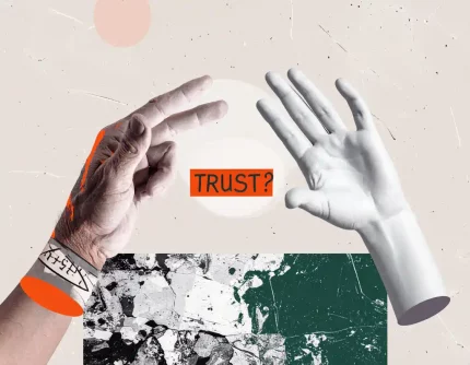 Artikelbild: Warum wir KI ablehnen und ihr dennoch blind vertrauen. Konzept: Eine echte Hand (fotografiert) reicht einer KI-generierten Hand (ausgeschnitten) die Hand - aber sie berühren sich nicht. Collage-Elemente: Echte Hand: Foto einer Hand mit Hautunreinheiten, Falten, Narben KI-Hand: Perfekte, glatte Hand aus einem KI-generierten Bild ausgeschnitten Zwischen beiden: Kleiner Spalt, in den "Trust?" geschrieben ist