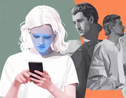 Artikelbild Deepfake und Nudifying bei Kindern und Jugendlichen: Konzept: Zentral eine Jugendliche (Silhouette/Schattenriss), die auf ihr Handy starrt - das Display leuchtet als einziger Farbakzent (kaltes Blau). Im verschwommenen Hintergrund: undeutliche Umrisse von Erwachsenen (Eltern, Lehrer:innen) - alle schauen weg oder sind abgewandt. Viel Weißraum um die Jugendliche.