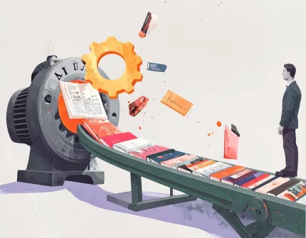 Eine stilisierte Darstellung von Büchern, Artikeln und Kunstwerken, die auf einem Förderband in einen riesigen Motor mit der Aufschrift „AI“ fallen. Auf der anderen Seite kommt nur ein glänzendes Zahnrad (Symbol für den Profit) heraus. Du stehst daneben und schaust zu.